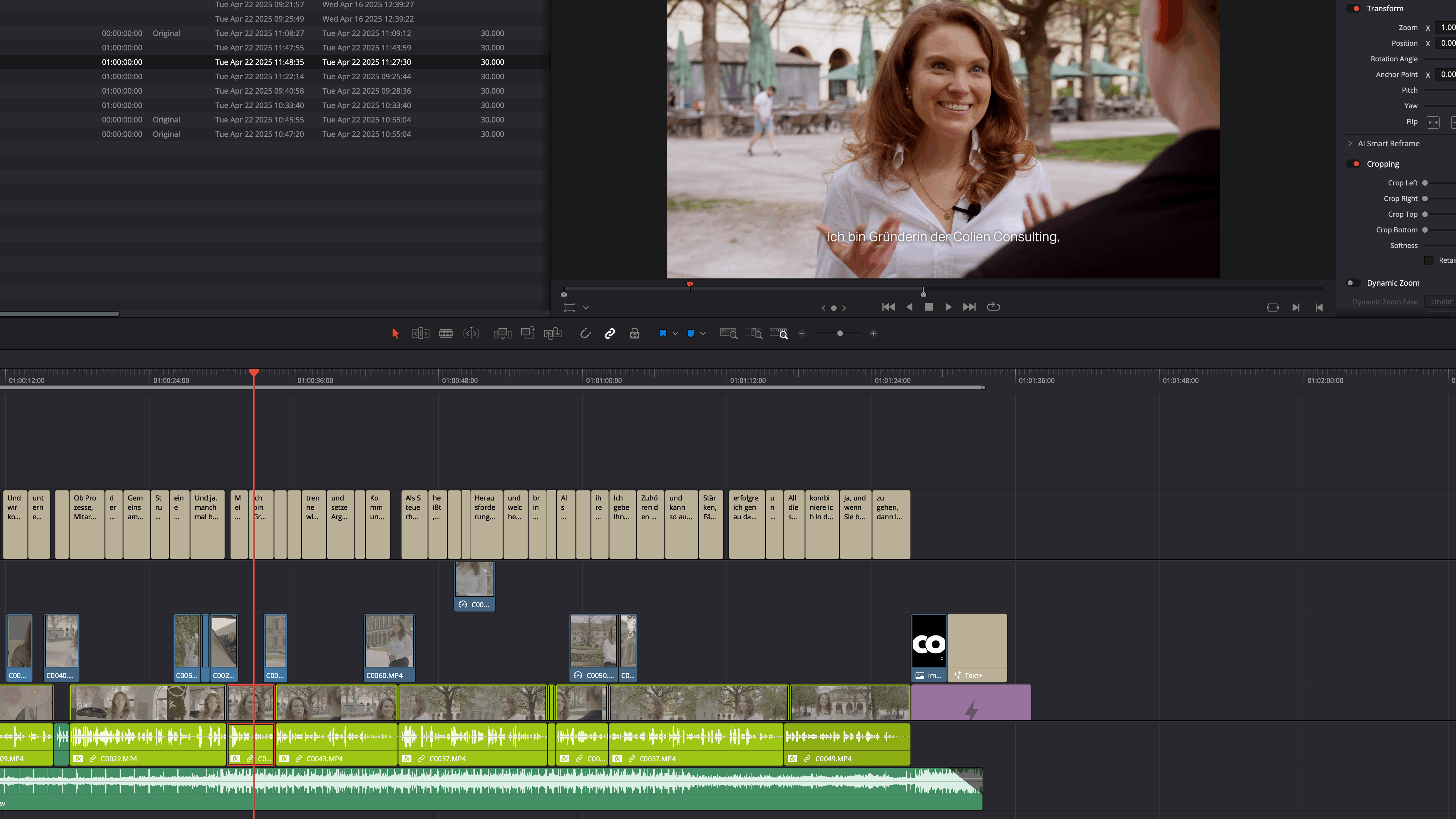 Screenshot aus Davinci Resolve 20. Zu sehen ist Schnittmaterial und die Benutzeroberfläche der Software während der Social Media Film von Dr.Nicole Haafs geschnitten wird. Man sieht mehrere Audio und Videospuren, als auch die Benutzeroberfläche der Software